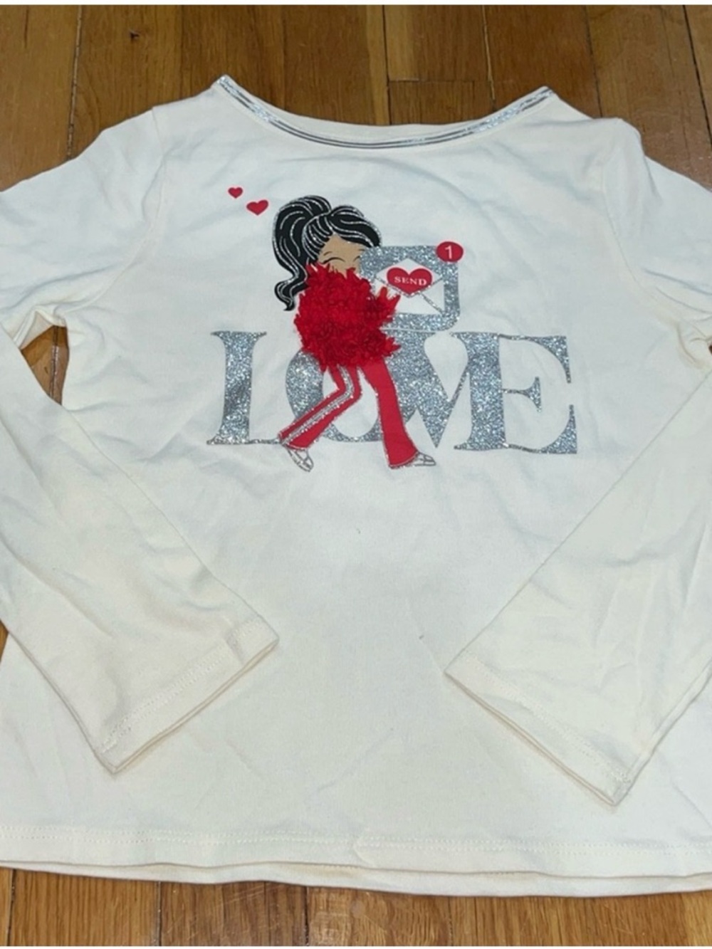 Girls White Long-Sleeve LOVE Graphic Tee with Red Pom Detail